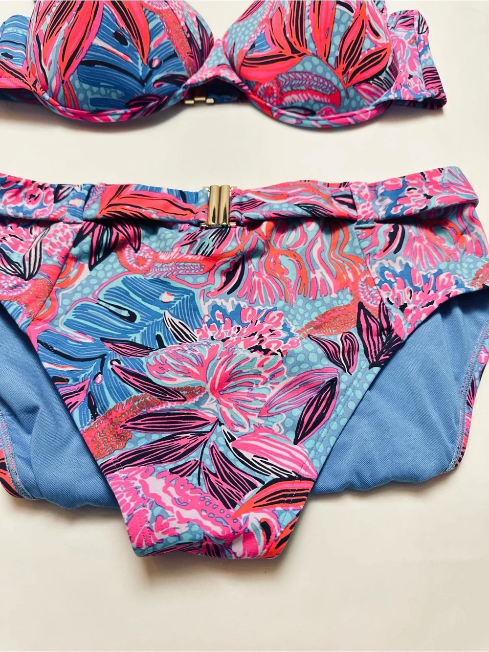 Lilly Pulitzer Tropical Floral Bikini Set Blue Pink Underwire Top 12 Bottom 10